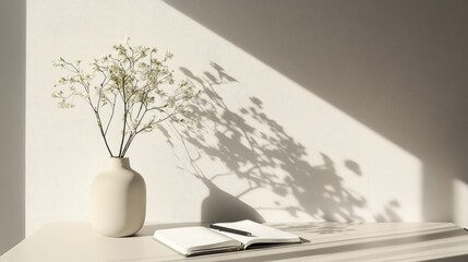 A neatly organized desk with a notebook, ballpoint pen, and a small vase of flowers in a minimalist setting