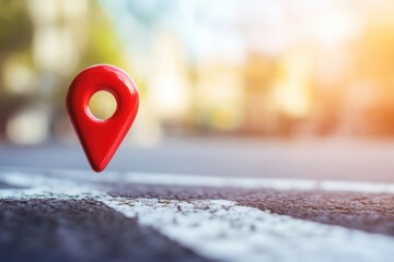 A red map marker sits on the side of a road, providing directions