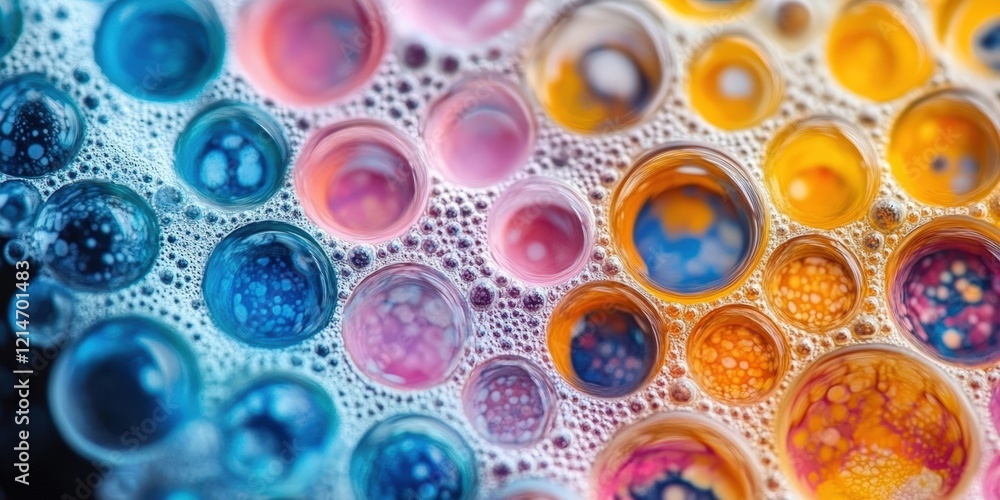Poster colorful macro shot of soap bubbles with vibrant patterns and textures captured in a close-up view