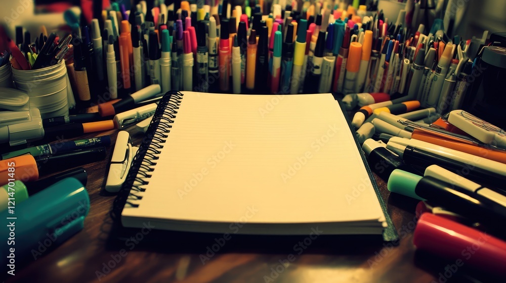 Poster a spiral notebook open to a blank page, surrounded by colorful markers and pens on a creative worksp