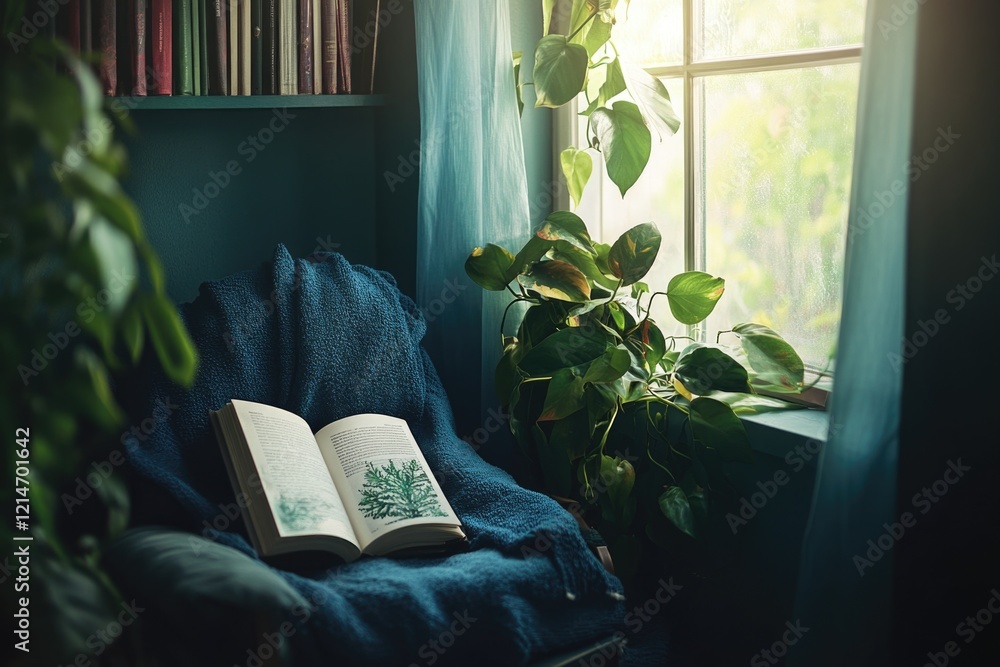 Poster a person is reading a book in front of a window