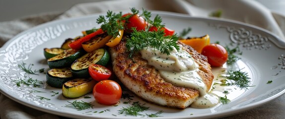 Fish cutlet served with grilled vegetables and creamy sauce on a decorative plate garnished with fresh herbs.