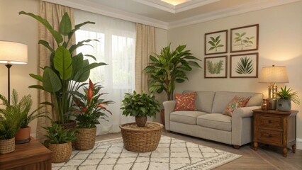 A few vibrant potted plants are tastefully p throughout the room introducing fresh greenery that enhances the atmosphere and promotes a sense of wellbeing within the family space.