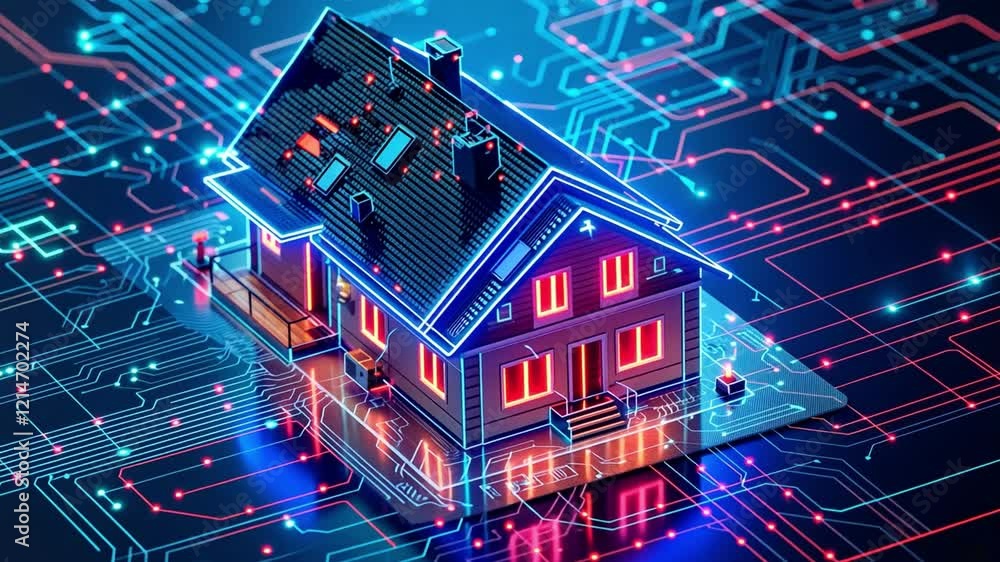 Poster this artwork features a digital representation of a house set against a backdrop of vibrant circuitr