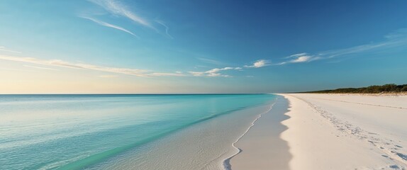 White sandy beach with calm waters and clear sky during daytime in coastal area.