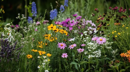 A lively mix of wildflowers bursts with color, showcasing vibrant yellows, purples, reds, and blues in a natural harmony.