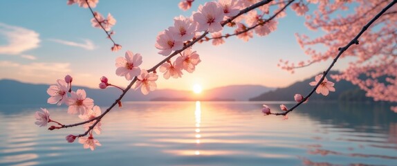 Beautiful cherry blossom branch with delicate pink flower framing a serene lake under a colorful sunrise