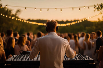DJ controls music at outdoor wedding party. Many people dance and enjoy drinks. Evening party with warm lighting and music. Guests wear casual attire. Fun outdoor celebration under the sunset glow.