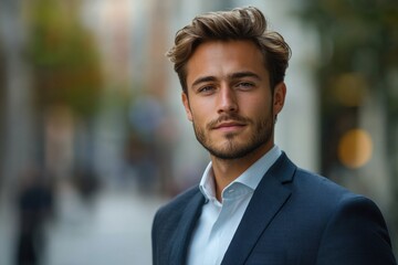 A man wearing a blue suit and white shirt, suitable for professional settings