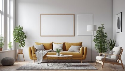 Living room blank empty frames,mock up poster frame in modern interior background, living room, Scandinavian style, 3D render, 
