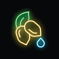 Glowing neon sign representing two almond nuts with a drop of oil, perfect for highlighting vegan products or healthy food