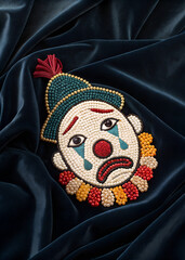 Fototapeta premium A beaded clown face is placed on a dark blue fabric. 