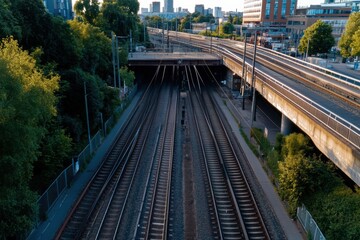 Naklejka premium A captivating view of railway tracks flanked by greenery, juxtaposing urban infrastructure against a backdrop of nature, highlighting the blend of city and greenery.