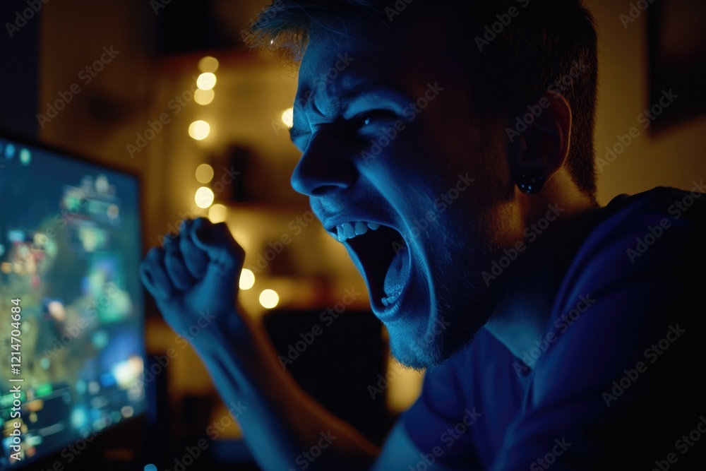 Poster a person in shock and alarm in front of a computer, possibly experiencing technical issues or receiv