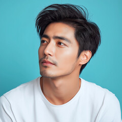 Obraz premium Handsome Asian man Turn sideways for skin care and cosmetics concept White shirt onblue background