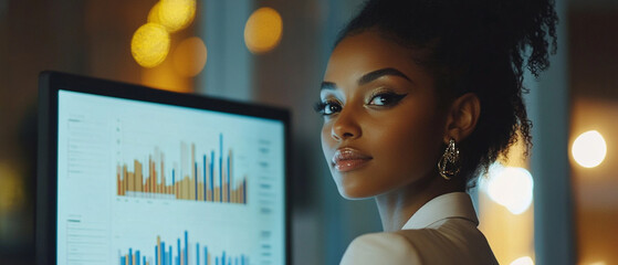 Confident businesswoman analyzing data and statistics on a computer screen in a modern office environment.