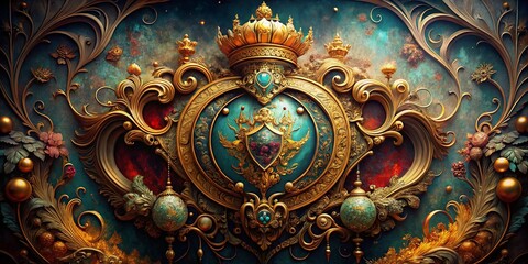 Surreal Vintage Royal Crest Labels: Grunge, Gold, and Fantasy Design Elements