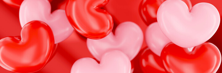 3d red and pink hearts on a red background. A festive banner for Valentine's Day. The concept of love and romance.