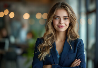 Obraz premium A woman with long blonde hair is smiling and wearing a blue suit