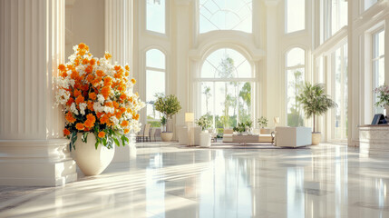 Sunlit Grand Lobby with Floral Arrangement and Floor-to-Ceiling Windows