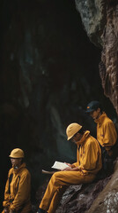 A caving expedition team in a dark subterranean chamber, setting up gear and studying a map, their light creating dramatic contrasts against the rough cave walls.