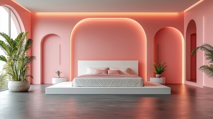 modern, minimalist bed room, with balance design. The color palette is pink and white