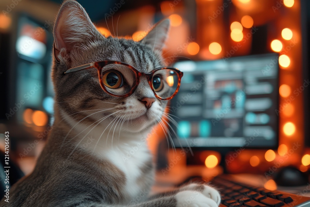 Poster a curious cat sits at a desk wearing glasses and using a computer