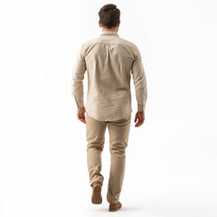 Fototapeta premium Man walking away in casual beige attire on a plain white background