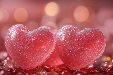 Fototapeta premium Two pink heart-shaped candies sit on a table, perfect for decorating or as a sweet treat