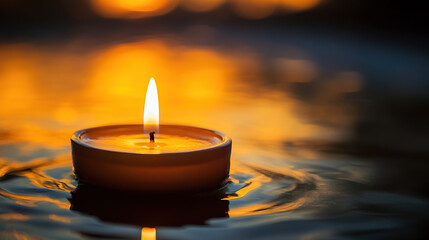 Floating candle with a warm flame on rippling water at sunset