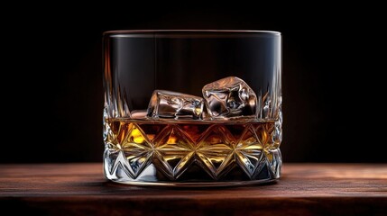 Fototapeta premium Elegant Scotch Whiskey Served in Stylish Glass with Ice Cubes on Dark Wooden Surface