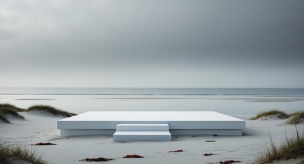 Serene white platform on sandy beach near calm waters during a cloudy day.