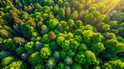 Fototapeta premium Aerial Drone Shot Lush Green Forest Canopy Summer Sunlight