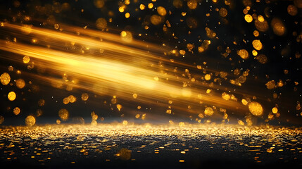 Radiant gold light beams shining over a black backdrop