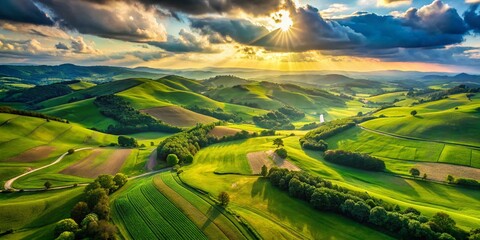 Fototapeta premium Aerial Drone Shot of Kette 5 Landscape: Panoramic View of Rolling Hills and Lush Greenery