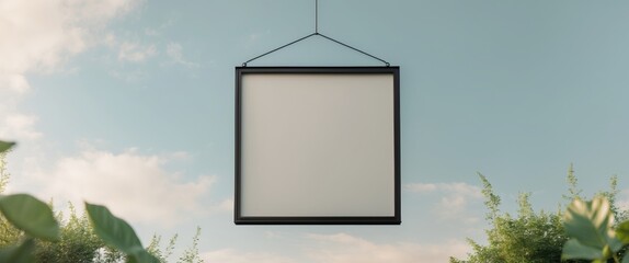 Blank hanging signboard with a black frame in an outdoor setting