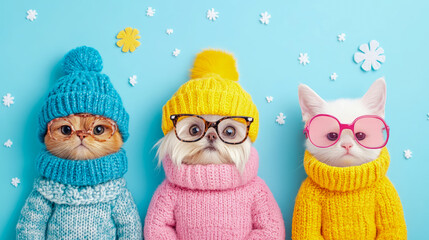 Obraz premium Adorable Pets in Winter Sweaters: A Festive Trio of Cats