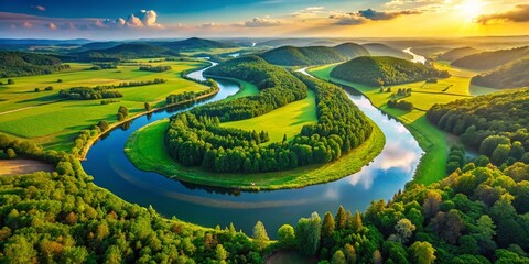 Aerial Drone Shot of Nine Winding River Bends, Lush Green Landscape