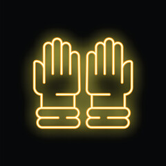 Yellow neon icon of a pair of protective gloves glowing on a dark background