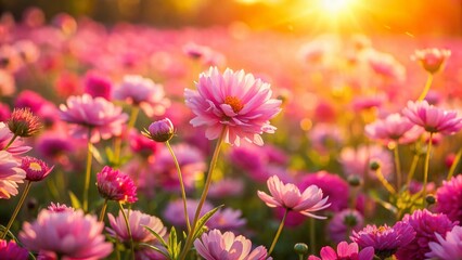 Fototapeta premium Aerial Drone Shot of Vibrant Pink Flower Field, Blooming Spring Flowers, Nature Background