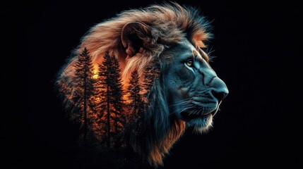 Naklejka premium Majestic lion with a forest silhouette.