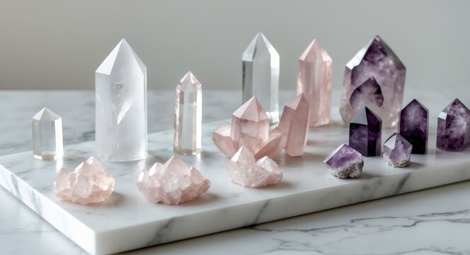 Elegant Healing Crystals Array on Marble Surface Representing Energy Balancing and Emotional Wellness.