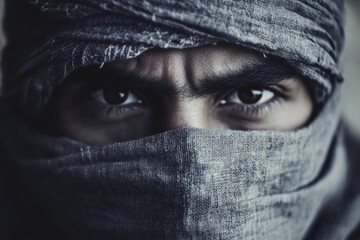 Rebellious fighter wearing turban and scarf covering face
