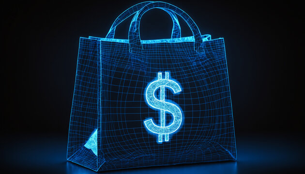 Hologram dollar symbol, Digital blue hologram money bag with a dollar sign