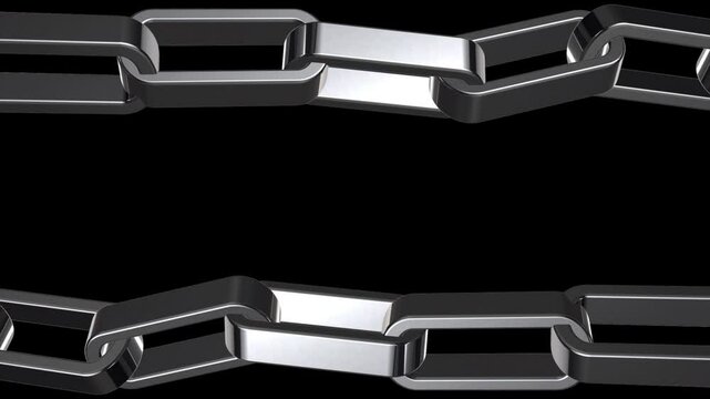 Seamless looping animation of two rotating metal chains on a black background with copy space area.