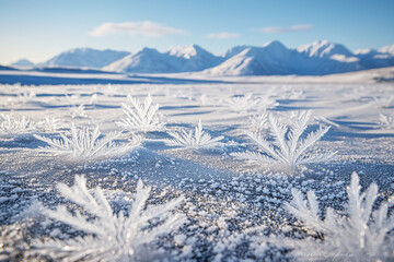 Obraz premium Frozen tundra reveals intricate frost patterns with serene snow-covered mountains in the background at dawn