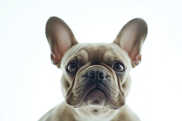 A small brown dog looking up at the camera with curious expression