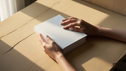 A minimalist book cover mockup featuring a pair of gentle, manicured hands cradling a pristine, blank hardback book on a warm, weathered wooden desk, with subtle wood grain patterns and a faint sheen 