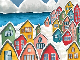 Cidade com casa colorida na Groenlândia. Amarelo, verde, azul, vermelho e rosa