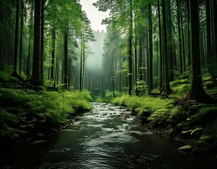 Obraz premium 森林に小川が流れている景色